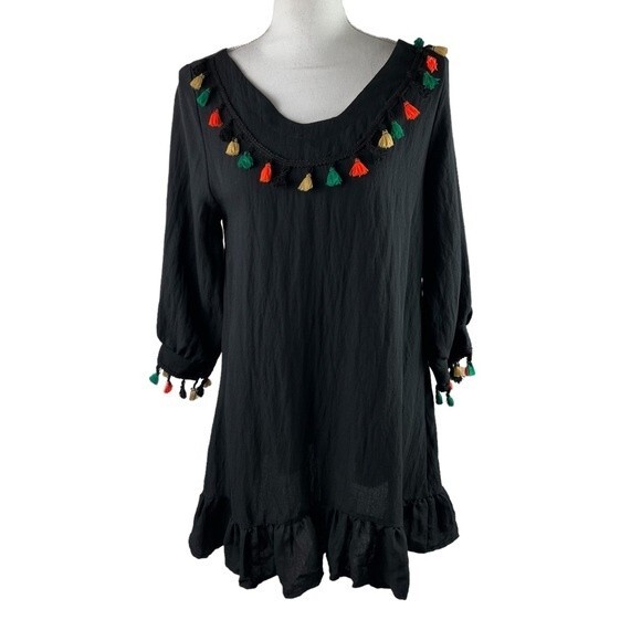 a Shappe Black Boho Tunic Top Blouse Small/Medium Tassels Green Yellow Orange - Picture 1 of 9